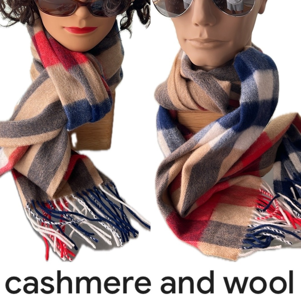 🐑🇩🇪Soft Wool & Cashmere Fringed Men’s or Women’s Tan/Red/Blue/White Plaid Scarf